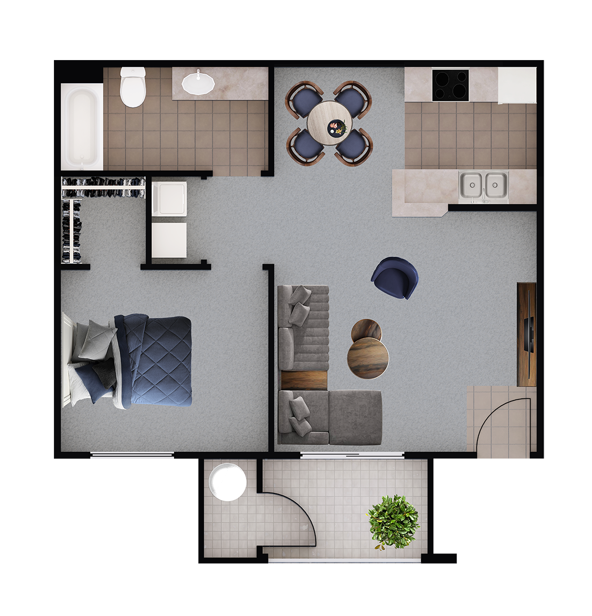 Floor plan for 1 bed, 1 bath, 665 sqft